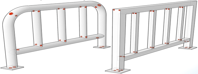 Røde punkter viser optimal plassering av dreneringshull på rekkverk laget av rør.
